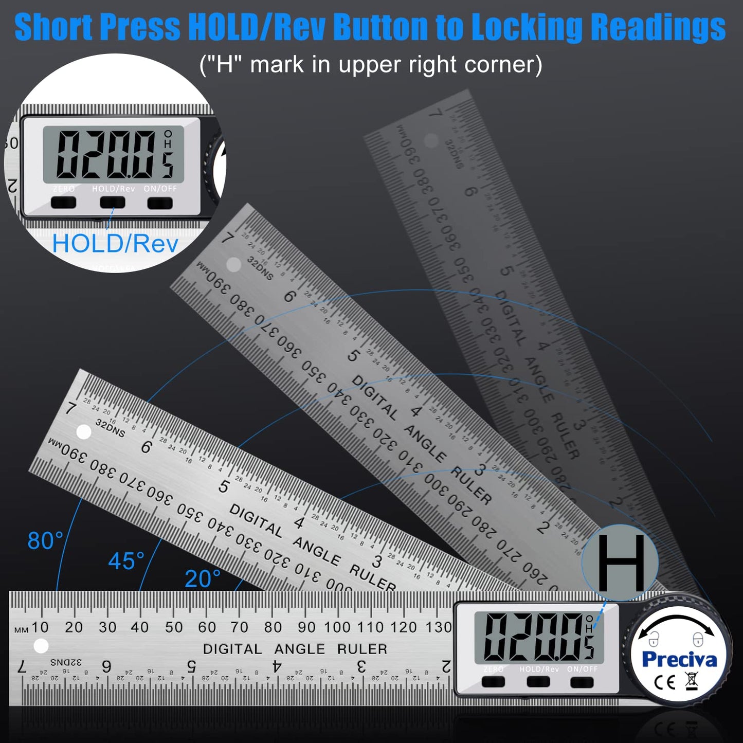 Protractor, Preciva Digital Protractor with HOLD screen and 180° rotating function, 400mm angle gauge ruler made of stainless steel for woodworking, DIY - large display