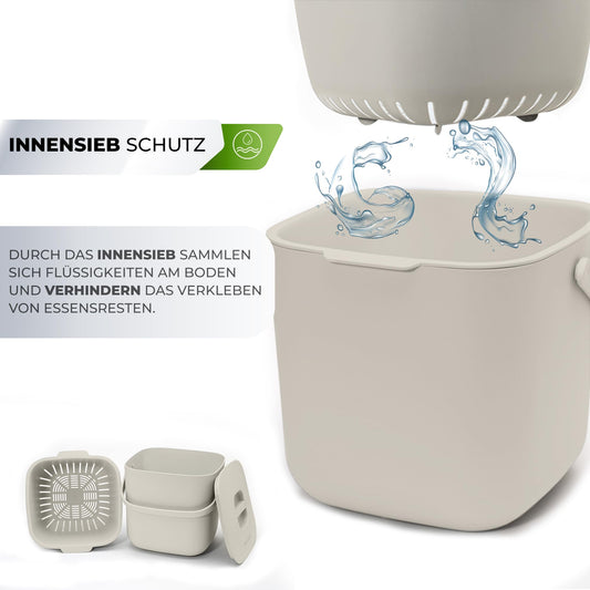 YourCasa kitchen compost bin - 7L - for everyday organic waste - dishwasher safe - odor-proof - sieve - small bio bin with lid organic waste container compost bin (beige)