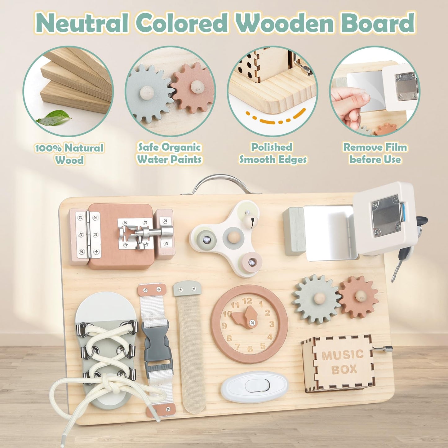 Joyreal Montessori Busy Board - Montessori Activity Board for Fine Motor Skills. Sensory Montessori Toy for Girls and Boys. Great Gift Idea.
