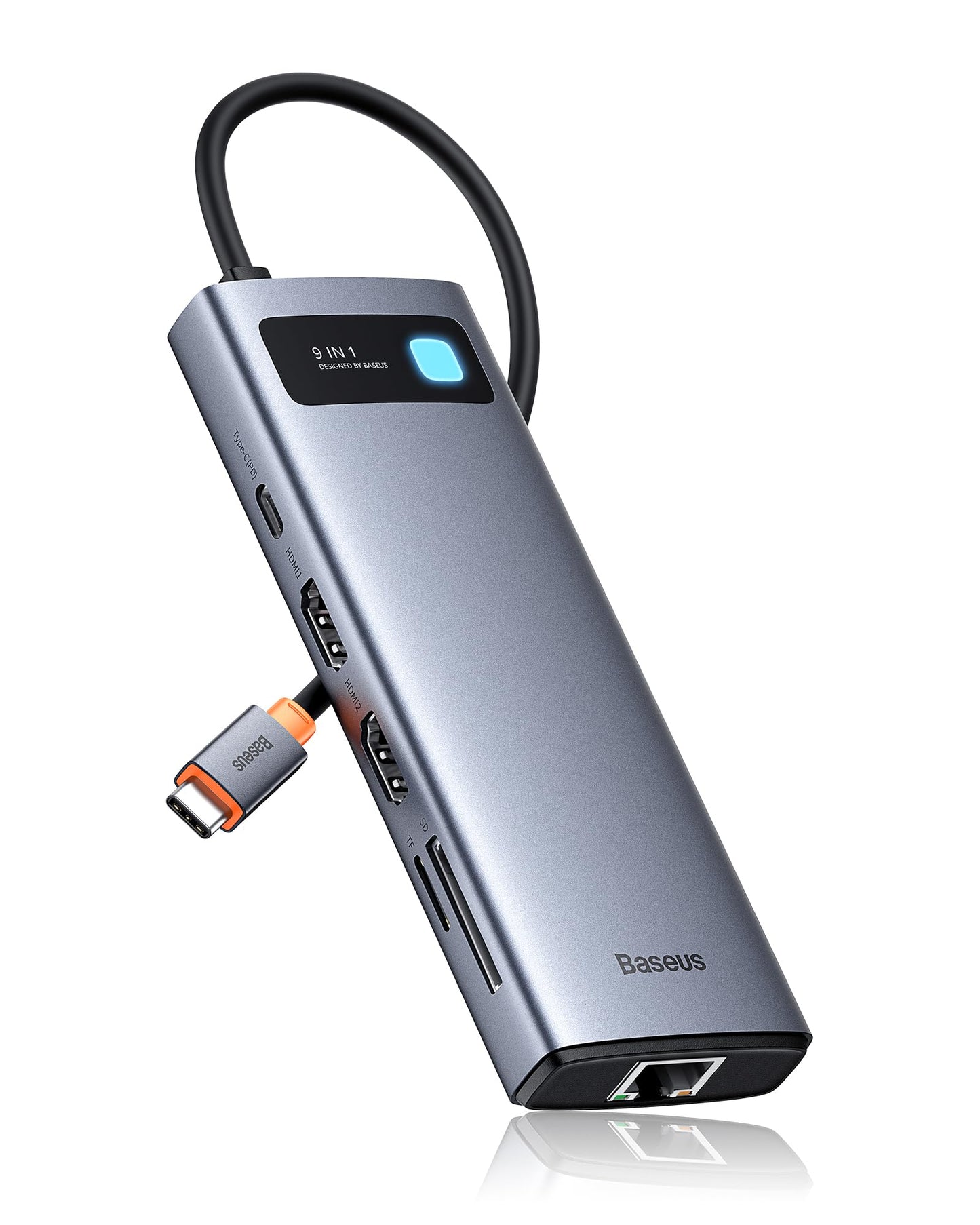 Baseus 9 in 1 Docking Station features USB C 4K@120Hz, dual HDMI monitors, 1000Mbps Ethernet, 100W PD, TF/SD card reader, USB 3.0, and multiport adapter for MacBook, Dell, HP, Surface, Lenovo, and other PCs.