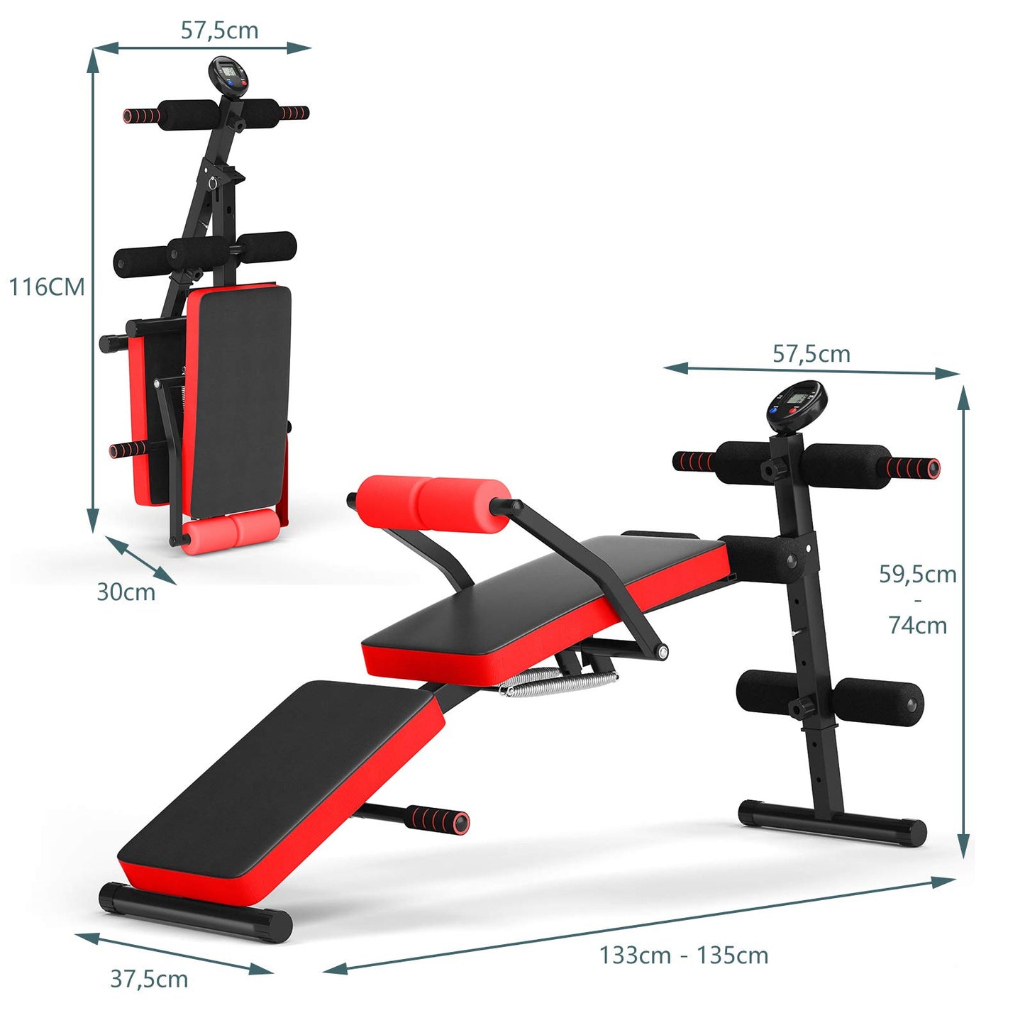 COSTWAY Foldable Sit Up Bench, 5 levels adjustable training bench with monitor, incline bench, home trainer up to 150kg load capacity for sit-ups and leg lifts (Red)