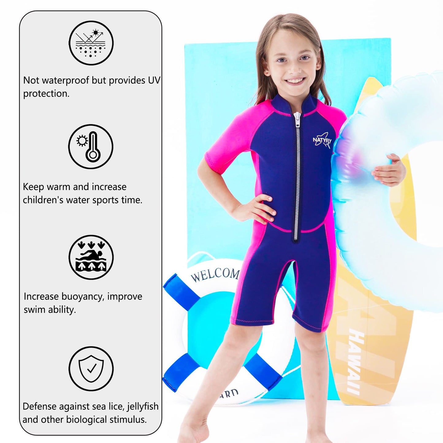 NATYFLY Kids Shorty Wetsuit 2.5mm Children's Neoprene Thermal Swimsuit UV Protection Swimsuits for Girls Boys One Piece WetSuits (Pink, 6 Years)