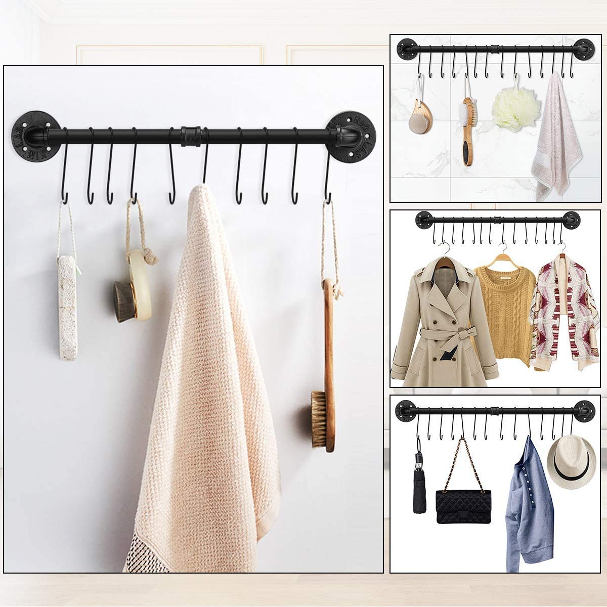 Toplife kitchen hook rack 100 cm, black hanging bar with 16 hooks, pole for kitchen utensils.
