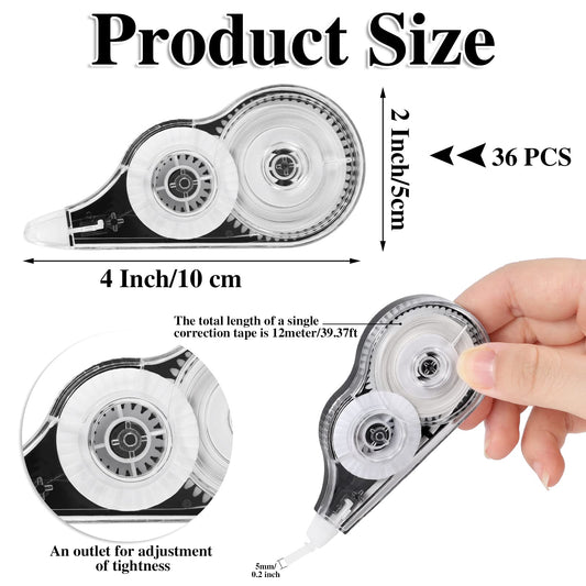 Yoosso 36 Piece Correction Tape Set, 12m x 5mm Mini Correction Mouse with Cap Correction Tape Roller for Kids Students Office Home School (Black)