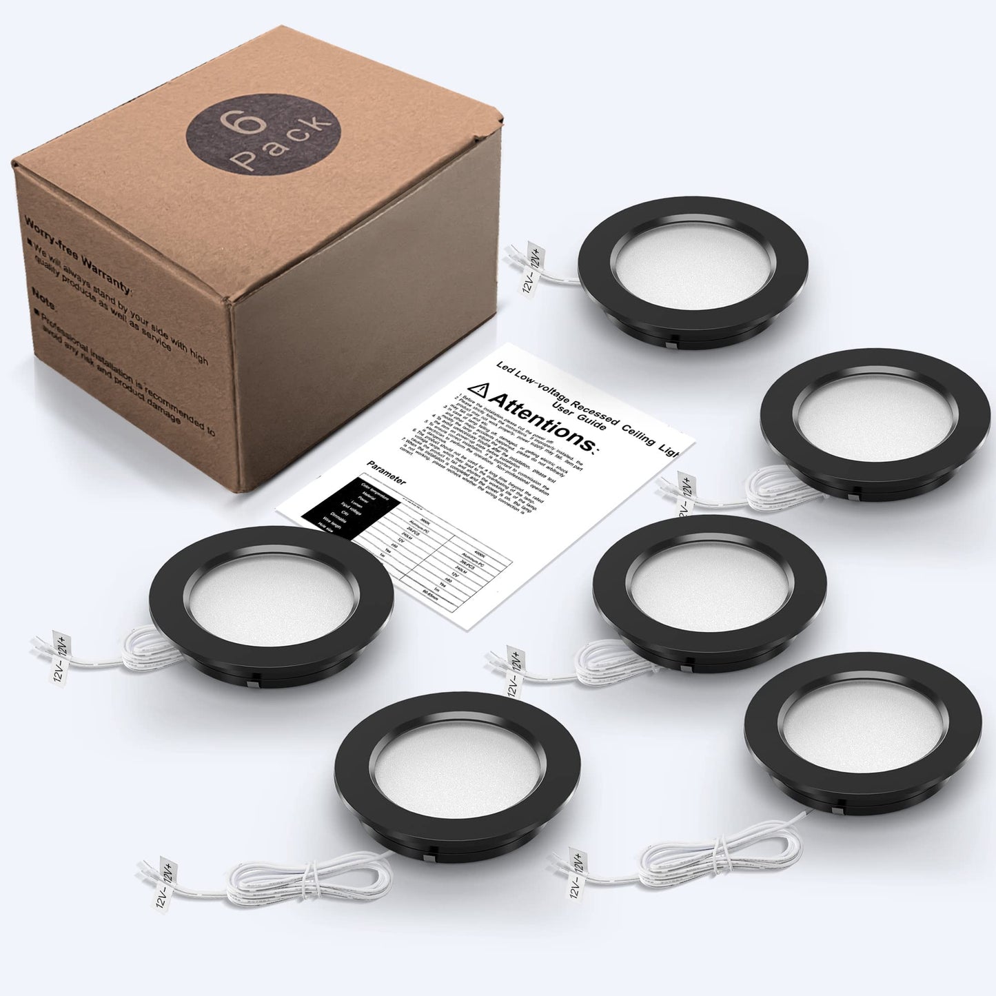 Jeloyutek 6 Pack LED Recessed Light 12V 3W 4000K Dimmable Ceiling Light Hole 60-65mm for RV Boat Caravan, for Display Cases, Shelves, Kitchens, Bathrooms, and Wall Cabinets. Full Aluminum Warm White, Black.