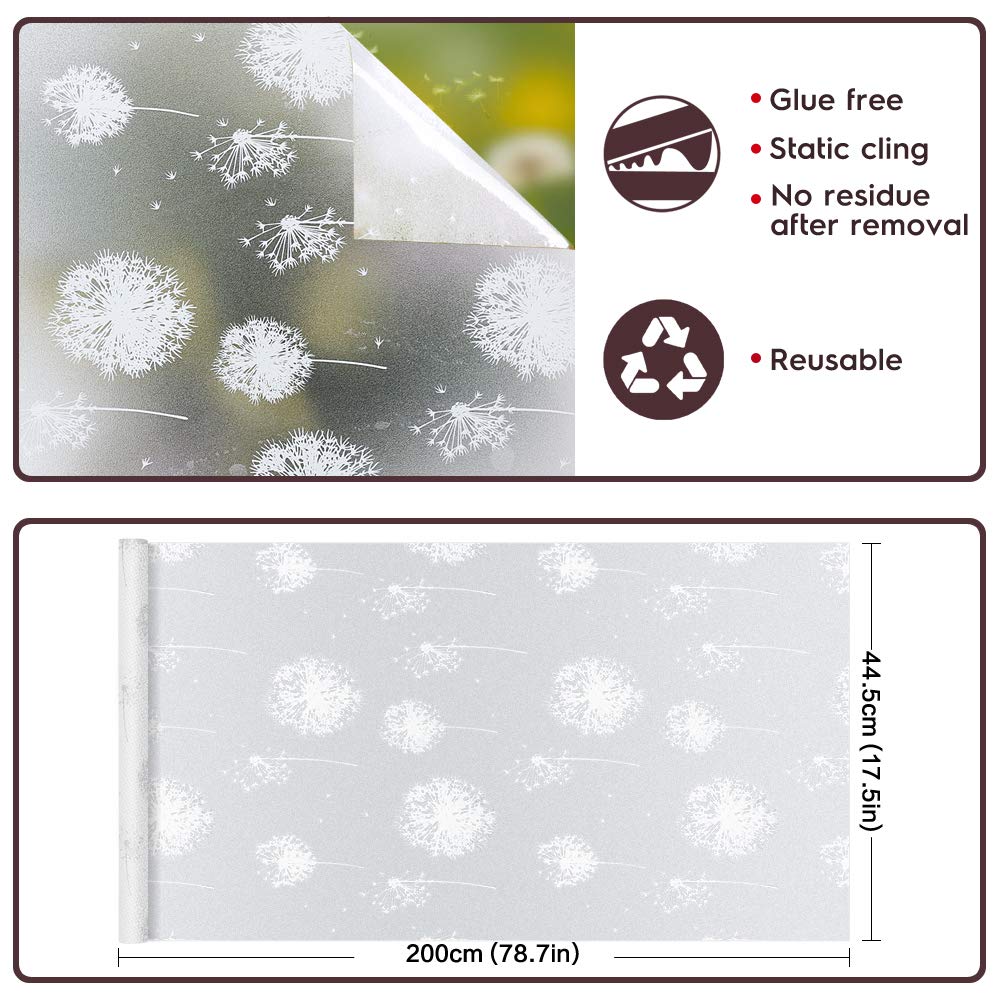 Homein window film privacy film window frosted film dandelion static cling film decorative film window pictures privacy from outside sun protection film for bathroom kitchen office 90 x 400 cm