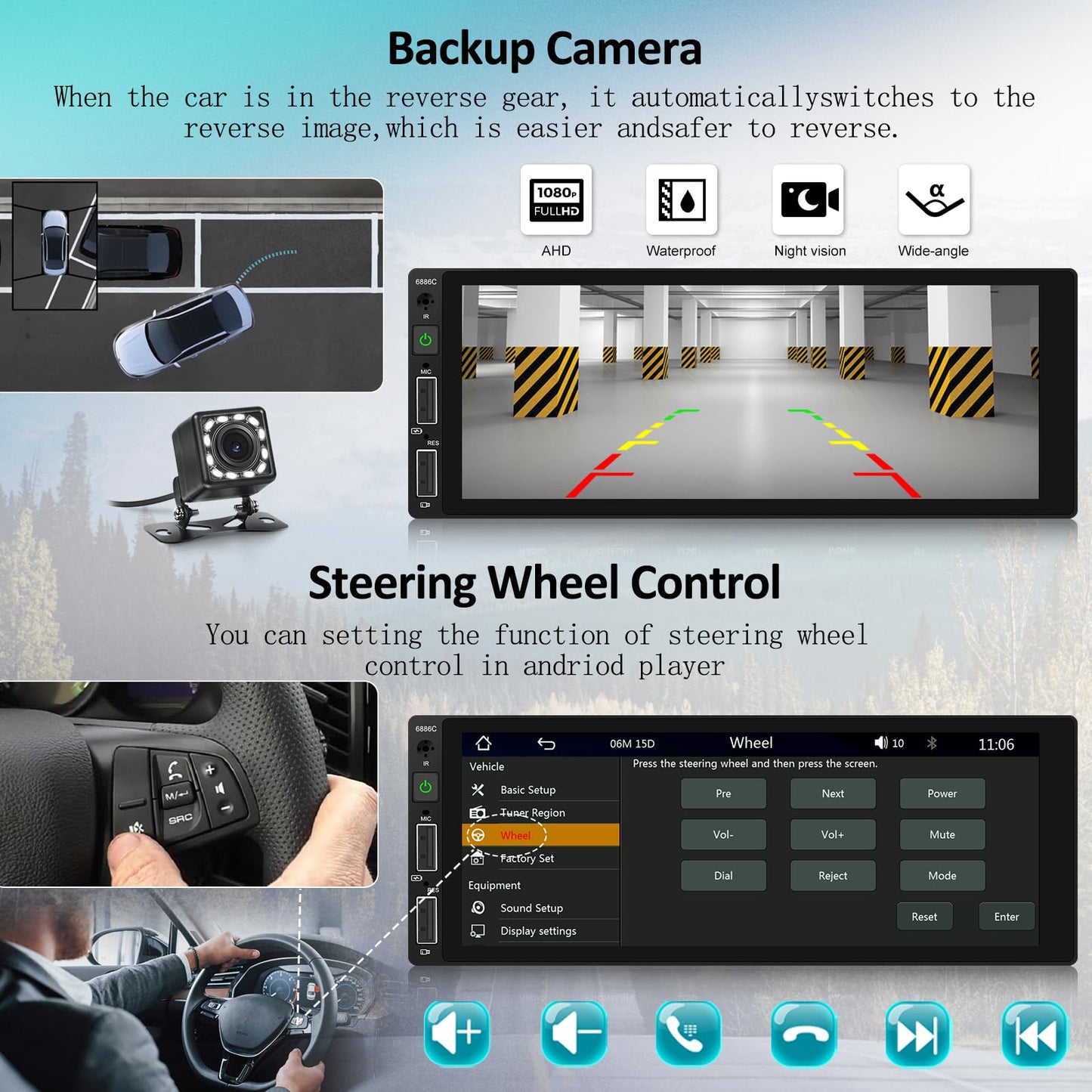 Single-Din car stereo with wireless Carplay, Android Auto, Bluetooth, 6.8-inch touchscreen, Mirror Link, AUX/USB/FM Radio, EQ, SWC, rear view camera, remote control, and microphone.