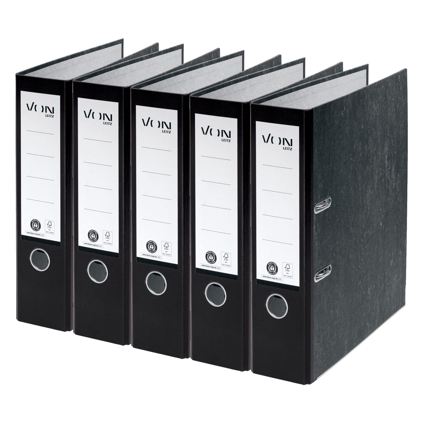 Leitz set of folders with dividers, 5-pack A4 folders made of 100% recycled cardboard, holds 600 sheets, 80mm spine width, black, 10531095 & 10-pack 12-part dividers made of 100% recycled cardboard, 13010000