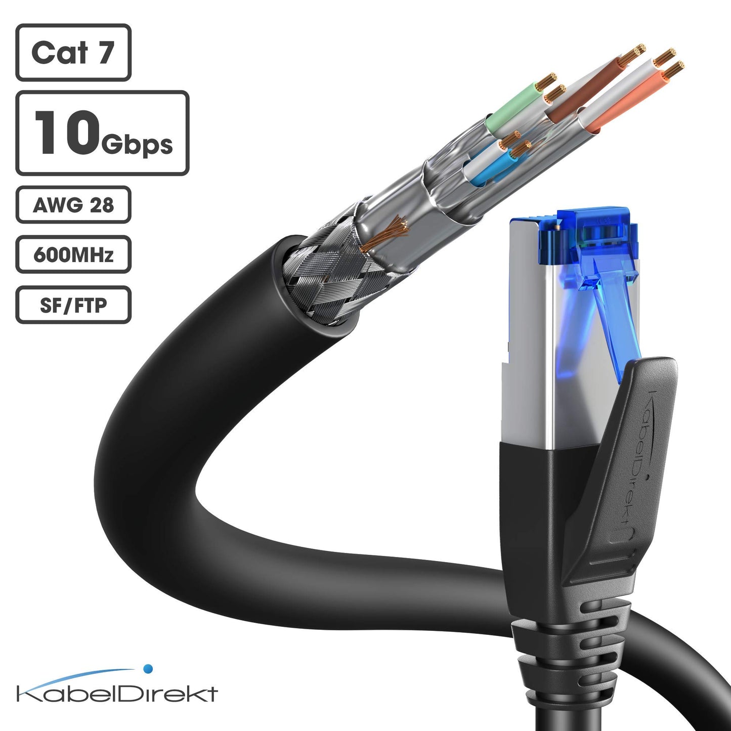 KabelDirekt - Cat 7 network cable, durable - 10m - 10 Gigabit LAN cable & Ethernet cable, available in 0.25-30m lengths (patch cable for high-speed networks, PC, switch/router/modem, RJ45, black)