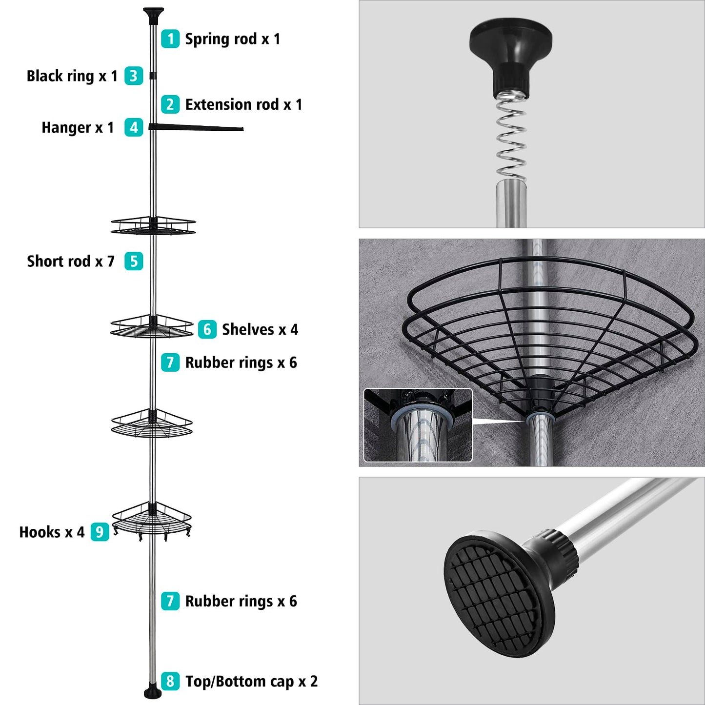 HANFU Telescopic Shower Caddy, 70-305 cm Height Adjustable Shower Shelf Without Drilling, Stainless Steel Corner Bathroom Shelf with 4 x Baskets 4 x Hooks and 1 x Towel Holder for Towel Shampoo, Black
