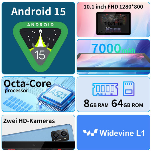 10-inch Android tablet 15: 2025 Latest 7000mAh Octa-Core 8GB RAM+64GB 1TB TF Tablet PC with WiFi 6 2.4G/5G Bluetooth 5.0 1280 * 800 FHD GMS Dual Camera with Case and Screen Protector