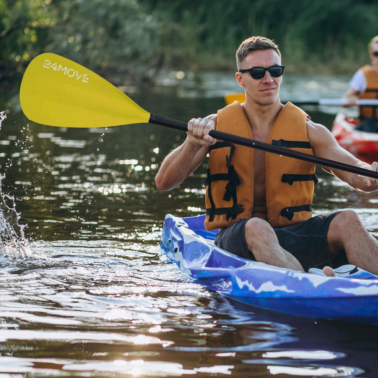 24MOVE® Double Paddle 2 in 1 Telescopic Paddle Push Paddle for SUP Stand Up Board, Kayak, Lightweight Aluminum 230cm, adjustable, yellow