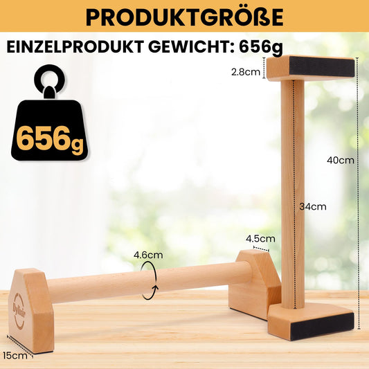 Push Up Bars made of wood for joint-friendly workouts. Perfect for calisthenics and home fitness. Ideal for handstands and push-ups.