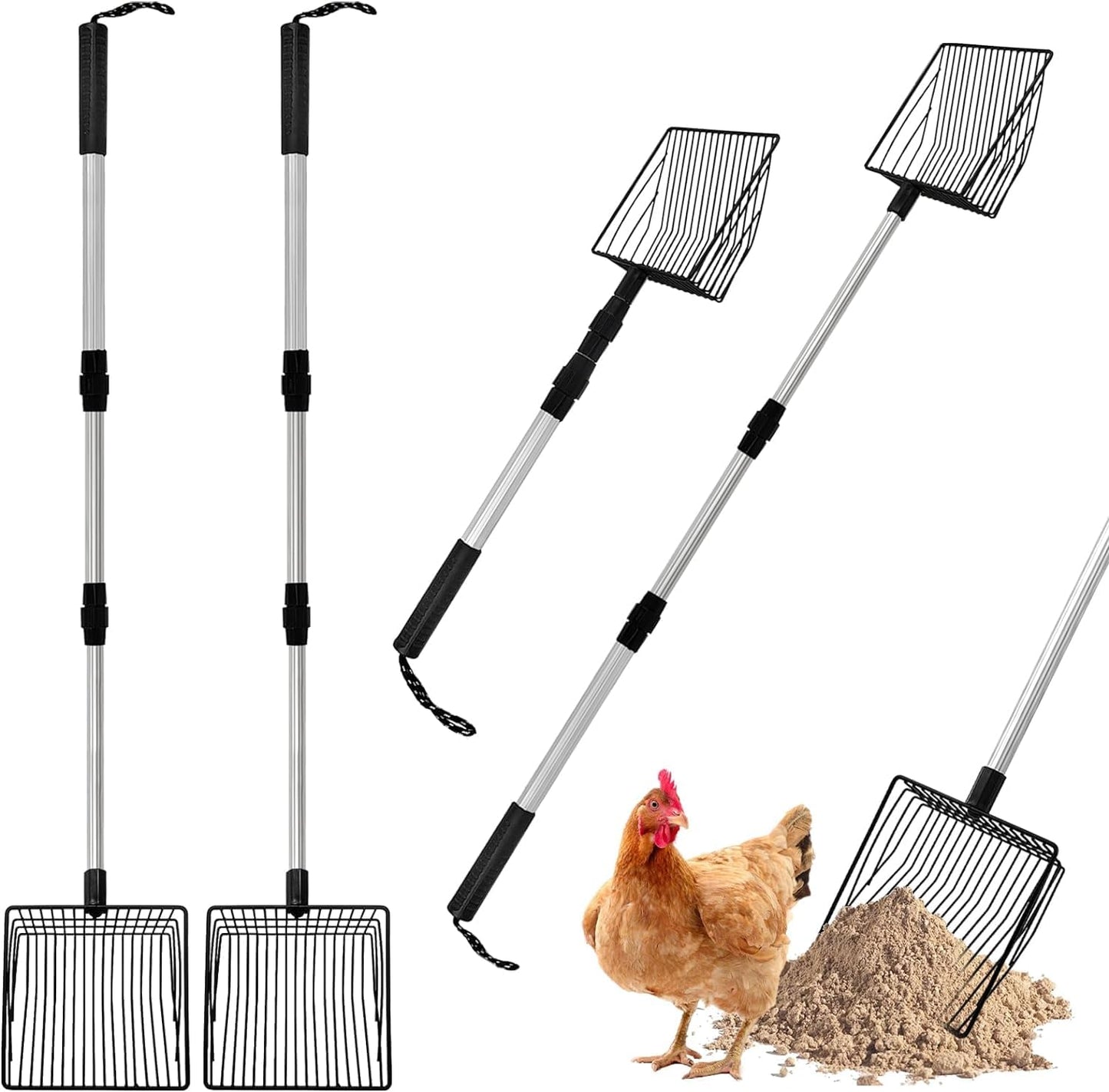 2pcs Chicken Coop Accessory Chicken Poop Scooper Adjustable Poultry Shovel for Cleaning Sieve Scoop for Chicken Coop Separating FECES and Debris from Sand Chicken litter Shovel Accessory