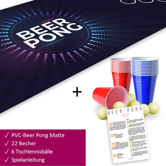 Beer Pong Set I 180 x 60 cm I Game mat with Electro Design I Incl. 22 party cups and 6 ping pong balls I Drinking game I Party games and birthday I Reusable and wipeable I dv819