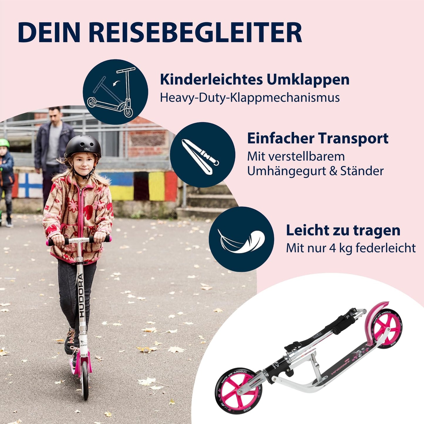 HUDORA BigWheel 205 Scooter - Stable aluminum scooter - Height-adjustable & foldable city scooter with stand - Sporty scooter for kids & adults up to 100kg.