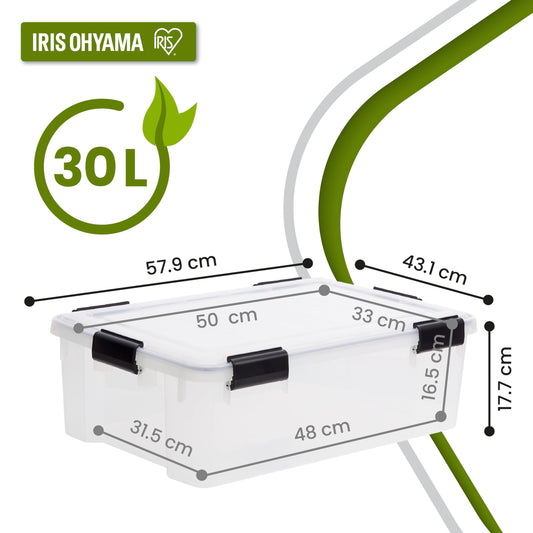 Iris Ohyama airtight plastic storage boxes with lids, 30L, set of 4, Transparent, Hermetic watertight seal, Strong snap locks, Stackable, Dust protection, BPA-free, WSB-30.