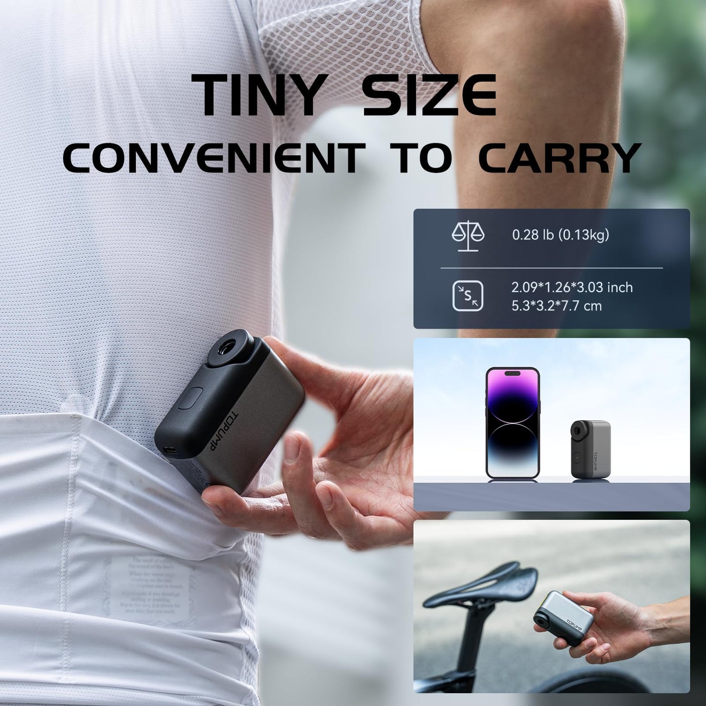 Mini bicycle pump, portable electric bike pump, ultra-small 120 PSI battery-operated bike air pump, with Presta and Schrader valve for road bike (No gauge)