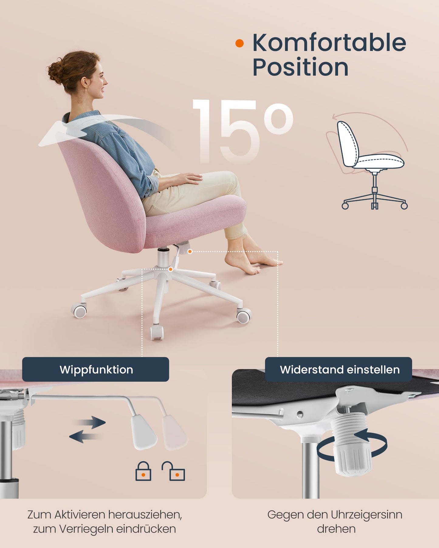 SONGMICS HOME Sewing Seat Chair, Makeup Chair, Armless Swivel Chair, Desk Chair, wide seat surface, modern, with base, adjustable height, rocking function, pastel pink OBG047R01