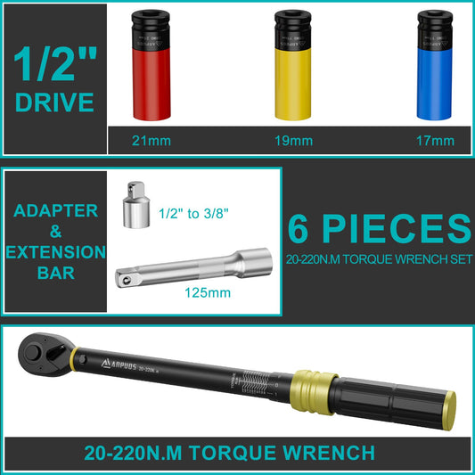 ANPUDS Torque Wrench 1/2", 20-220Nm Automotive & Motorcycle Torque Wrench 6-pc. Set with 125mm Extension Bar, 1/2"-3/8" Adapter, 3 Sockets 17mm 19mm 21mm, for Tire Replacement.