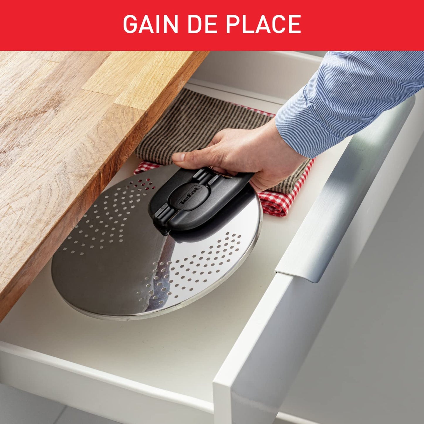 Tefal Ingenio draining lid, stainless steel, easy storage, various diameters, Ingenio, dishwasher safe, L9829402, stainless steel and black, lid for draining racks 14-20 cm.