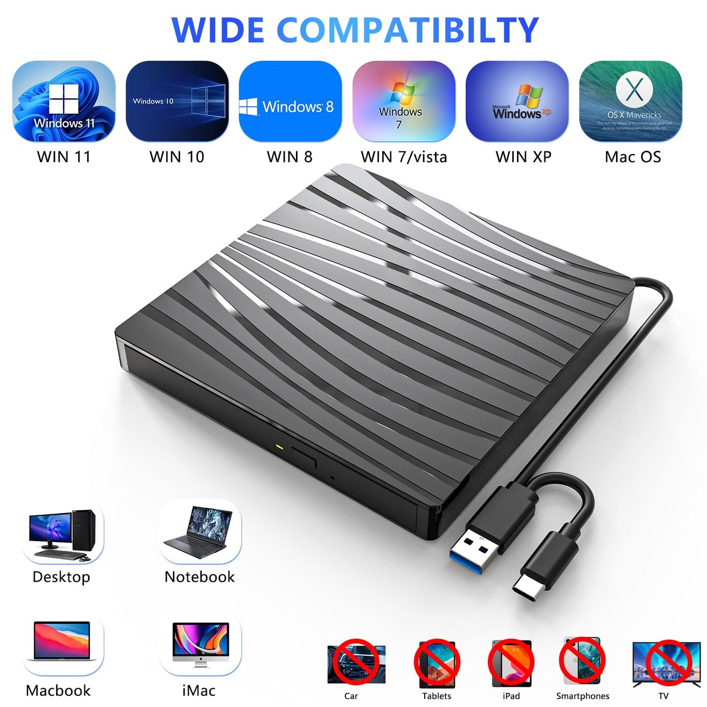 QDSYLQ External DVD Drive, USB 3.0 & Type-C Portable CD DVD +/-RW Burner Optical Drive External DVD Drive for Laptop, PC, Desktop, MacBook, iMac, Windows 11/10/8/7/XP/Linux/Vista/MacOS