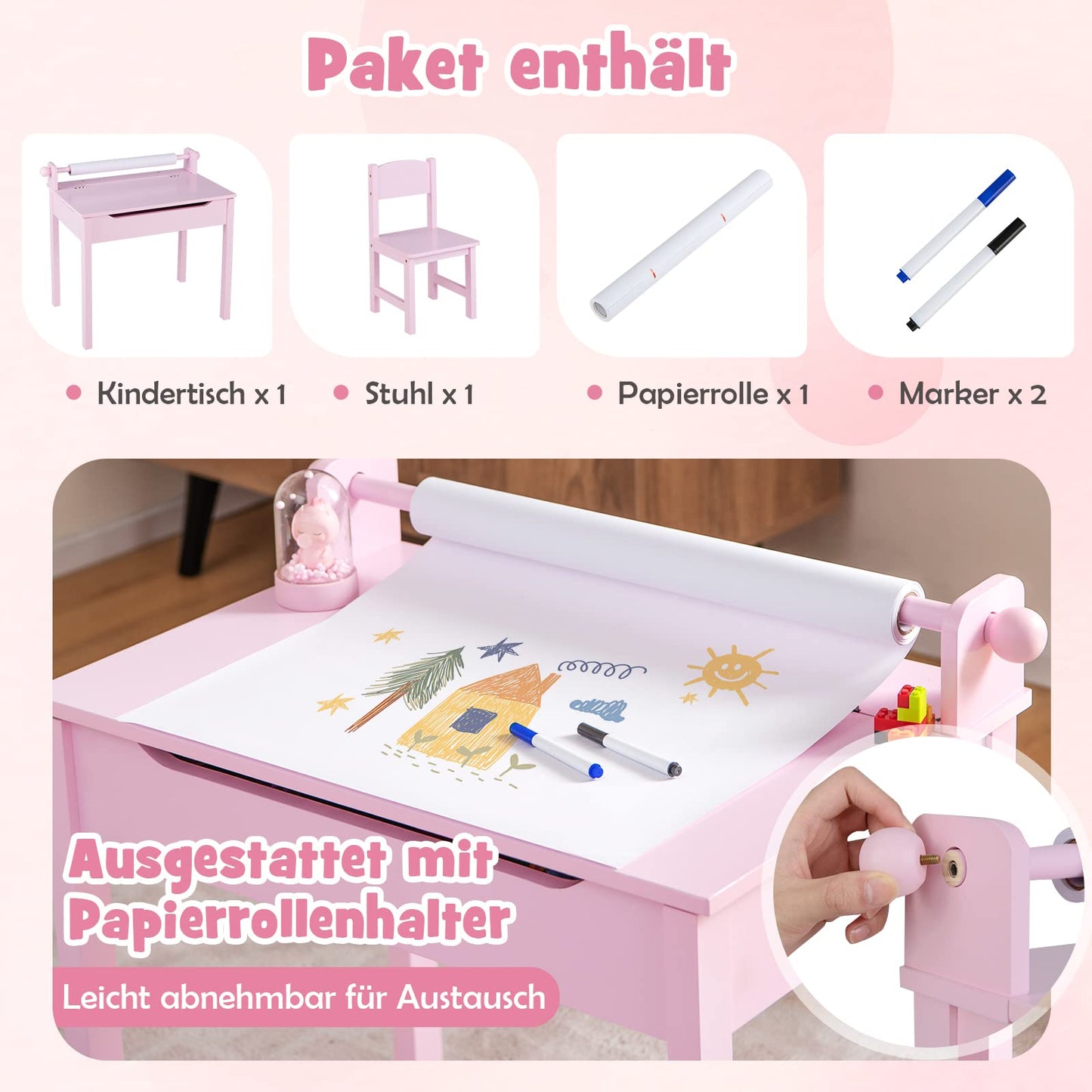 DREAMADE Kids Desk with Chair, Wooden Student Desk, Youth Desk, Children's Table, Kids Desk with Paper Roll Holder & Storage Space, Paper Roll and Markers Included (Pink)