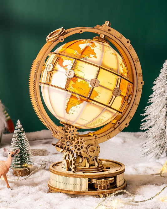 3D wooden puzzle for adults, wooden model light-up globe model kit with LED light. Rotating luminous globe wooden construction set as decoration, gift (180 pieces)