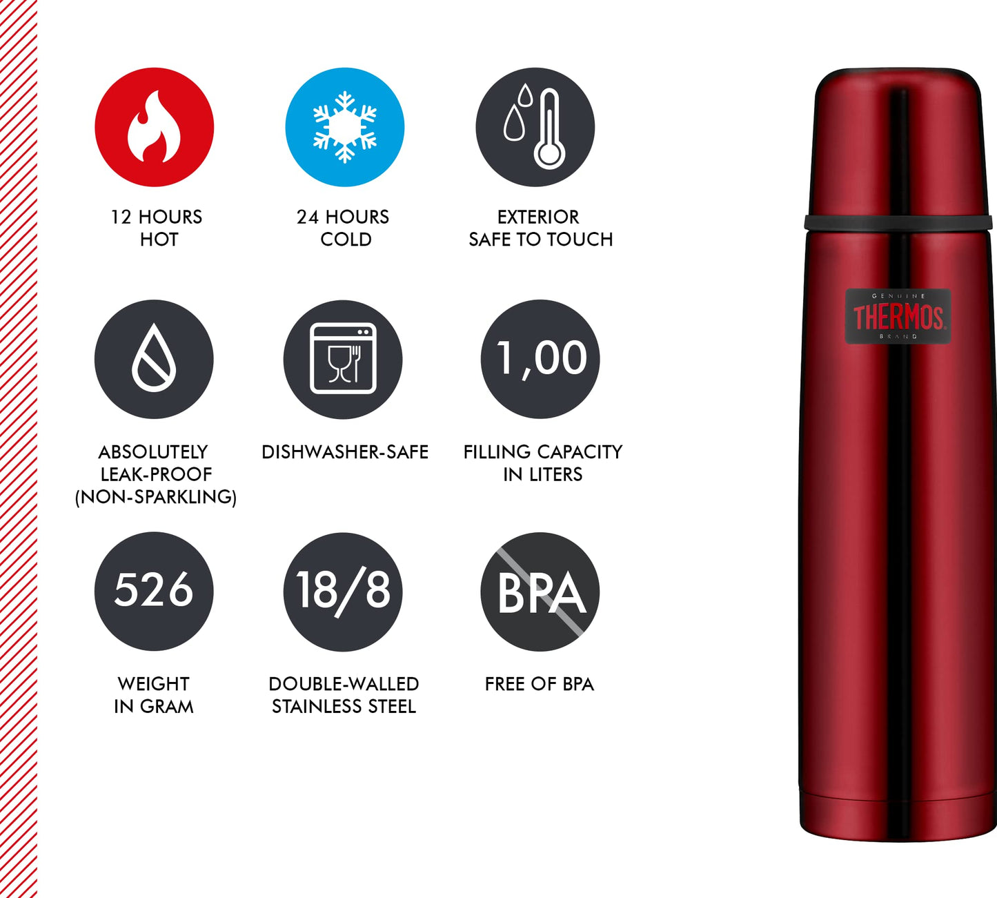 THERMOS LIGHT & COMPACT BEVERAGE BOTTLE 1L, cranberry red, stainless steel thermos bottle, red with drinking cup, 24h hot / 24h cold, dishwasher safe, absolutely leak-proof, BPA-free.