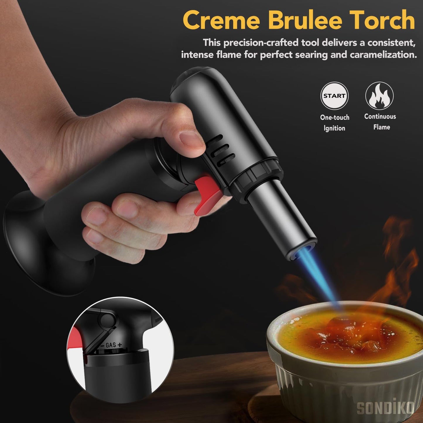 Sondiko Flambé Torch with Fuel Gauge S907, Refillable Bunsen Burner for Kitchen, Pastry, Desserts, Camping (Butane not included)