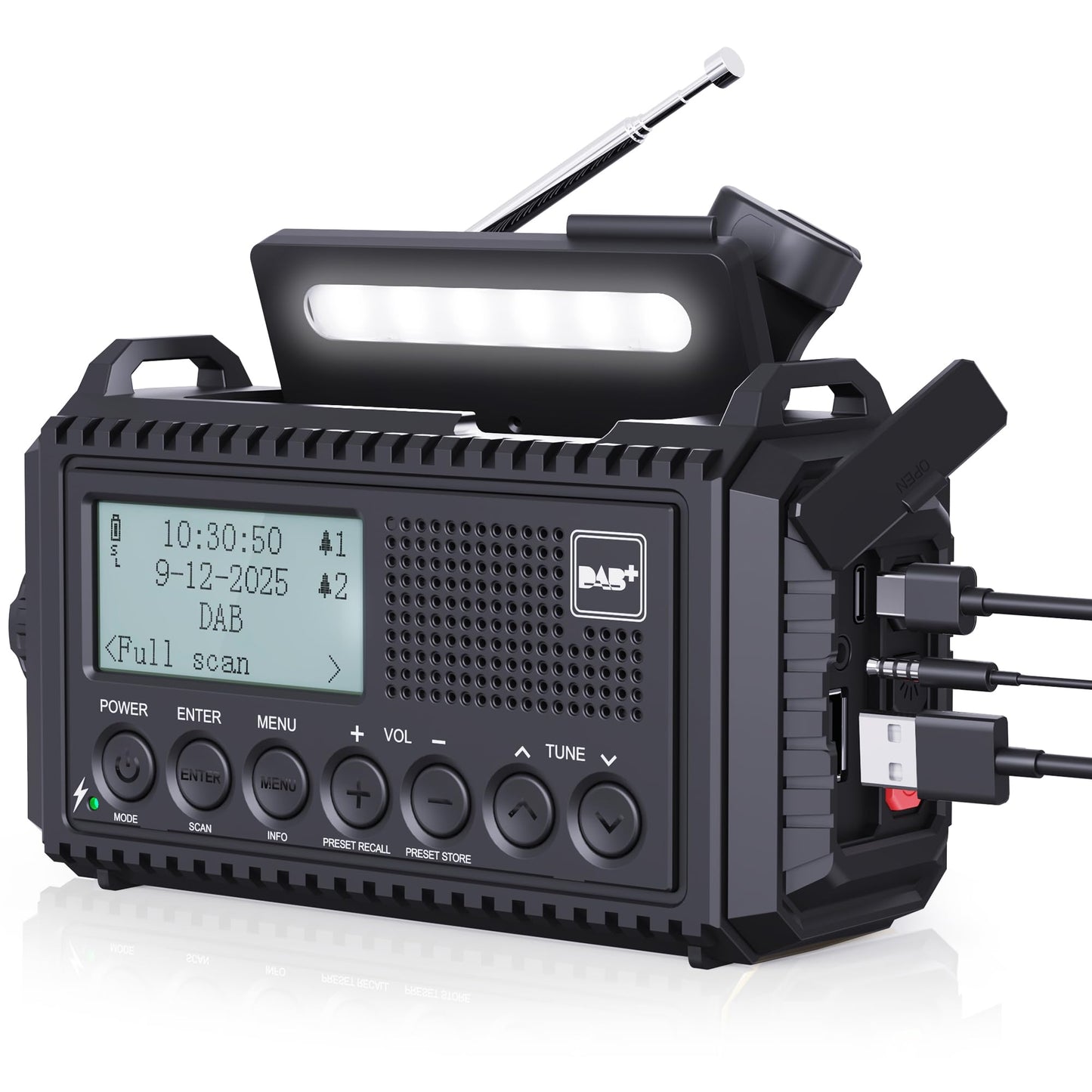 DAB/DAB+/FM digital radio with built-in 5000mAh battery. Solar radio emergency radio with USB mobile phone charging function. Camping radio with LED flashlight, reading light, SOS alarm. Portable crank radio for outdoor use.