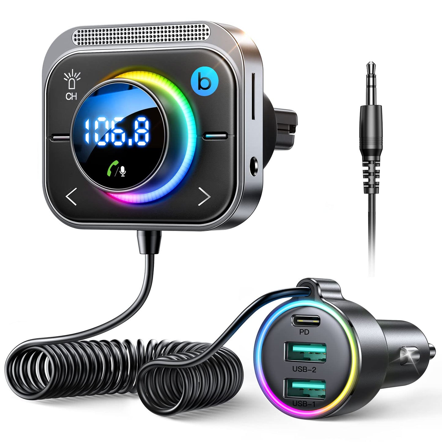 JOYROOM 66W Bluetooth 5.4 Adapter for Car【Bass Boosted & Hi-Fi】Music FM Transmitter Car Bluetooth【30W PD & 2*18W QC 3.0】Hands-Free Car Charger Cigarette Lighter Support Aux & TF Card