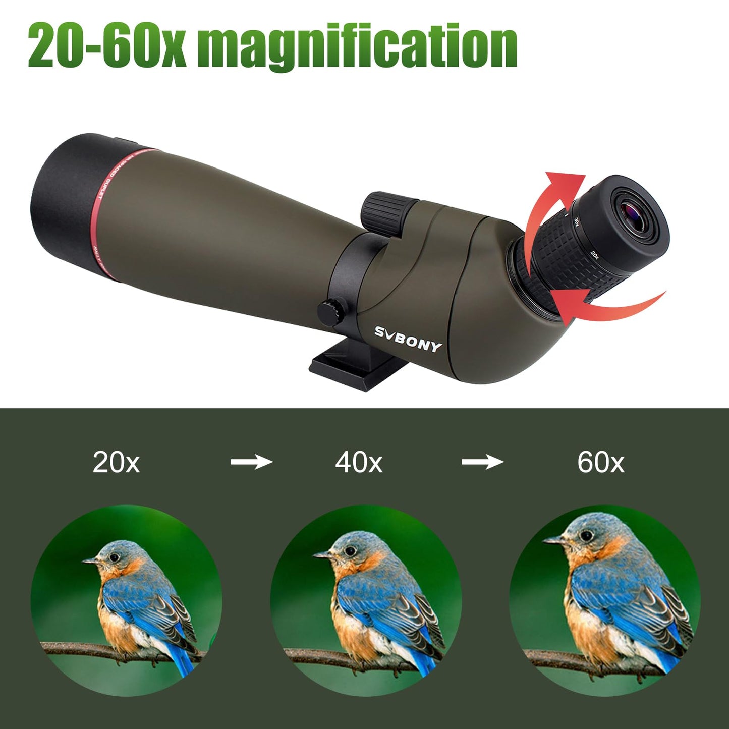 Svbony SV13 20-60X80 spotting scope with tripod, HD waterproof bird watching scope with carrying case, FMC optics Porro prism angled spotting scope for sports shooters, wildlife scenery.