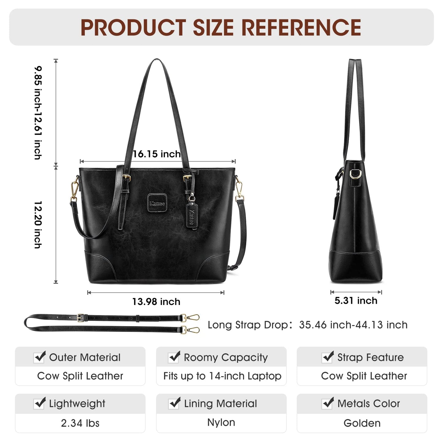 Cattee women's shoulder bag made of genuine leather handbag with 14-inch laptop compartment.