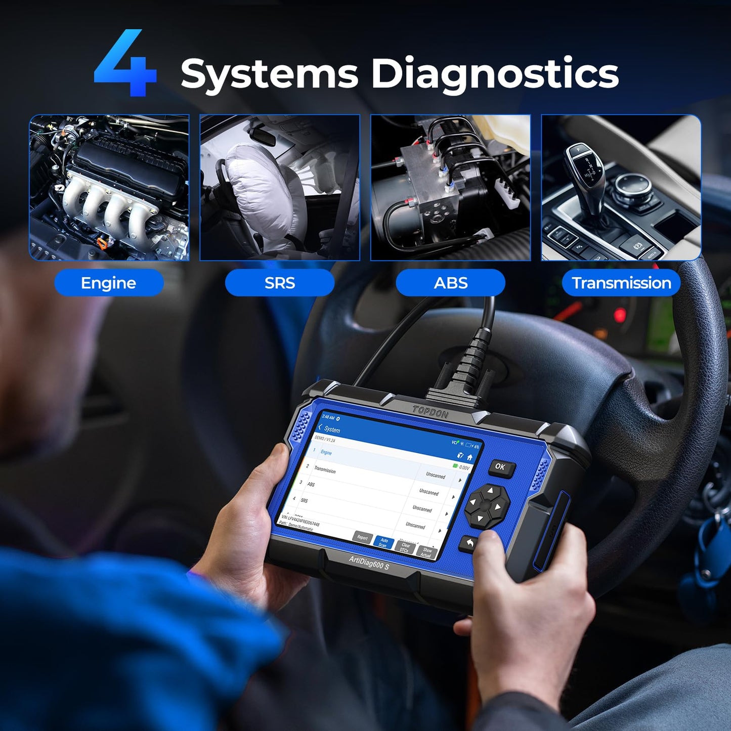 TOPDON Auto Diagnostic Tool ArtiDiag600S, 4 system diagnoses obd2 diagnostic tool for all vehicles, 9 reset services for oil, BMS, ABS, SAS, TPMS, throttle... lifelong free upgrades.