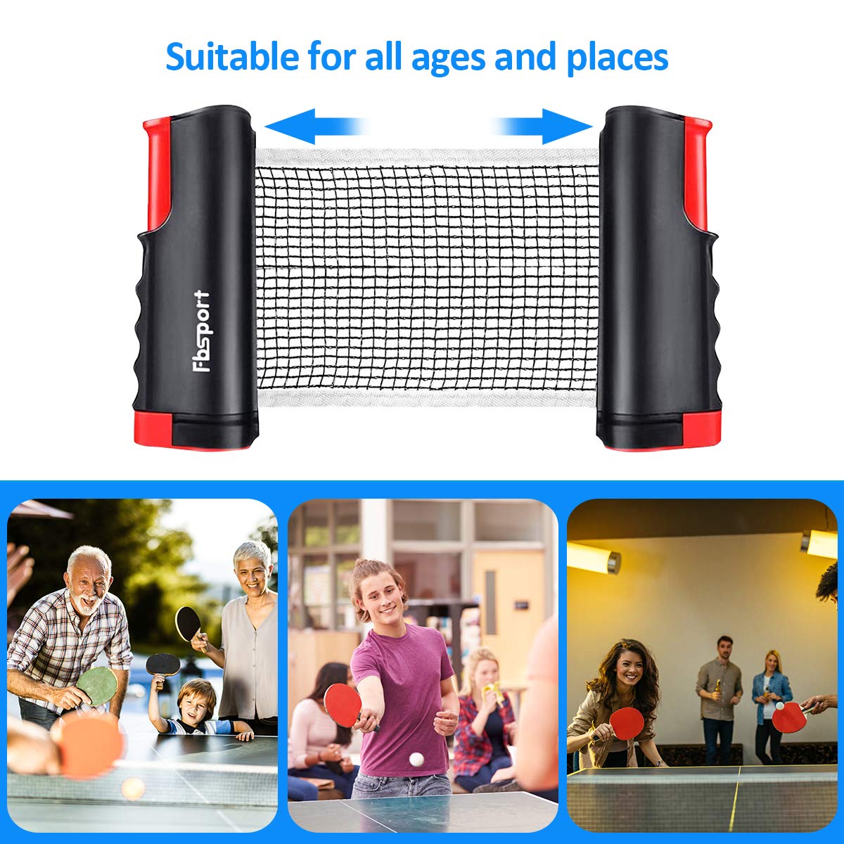 FBSPORT Table Tennis Set for table with 2 ping pong paddles + Retractable net + 6 ping pong balls + 1 carrying bag, Table Tennis Set for adults families indoor outdoor