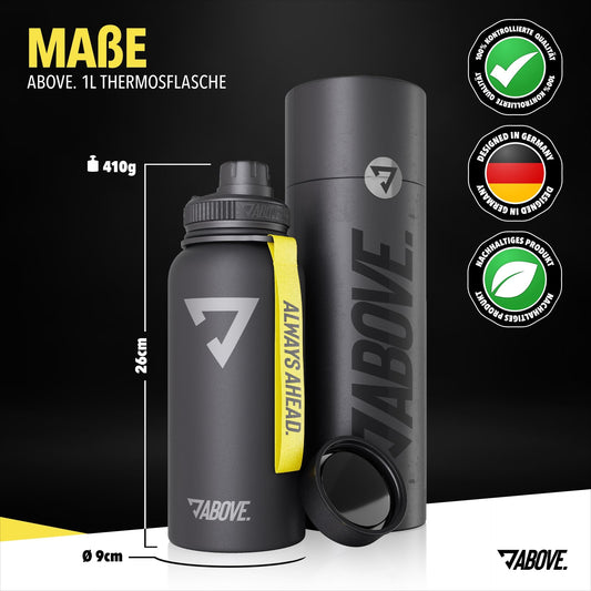 ABOVE. Stainless steel thermos bottle 1L - BPA-free, leak-proof & durable - keeps hot for 12h, cold for 24h - with extra drinking spout for sports, fitness & outdoor activities I high-quality gift box (Black)