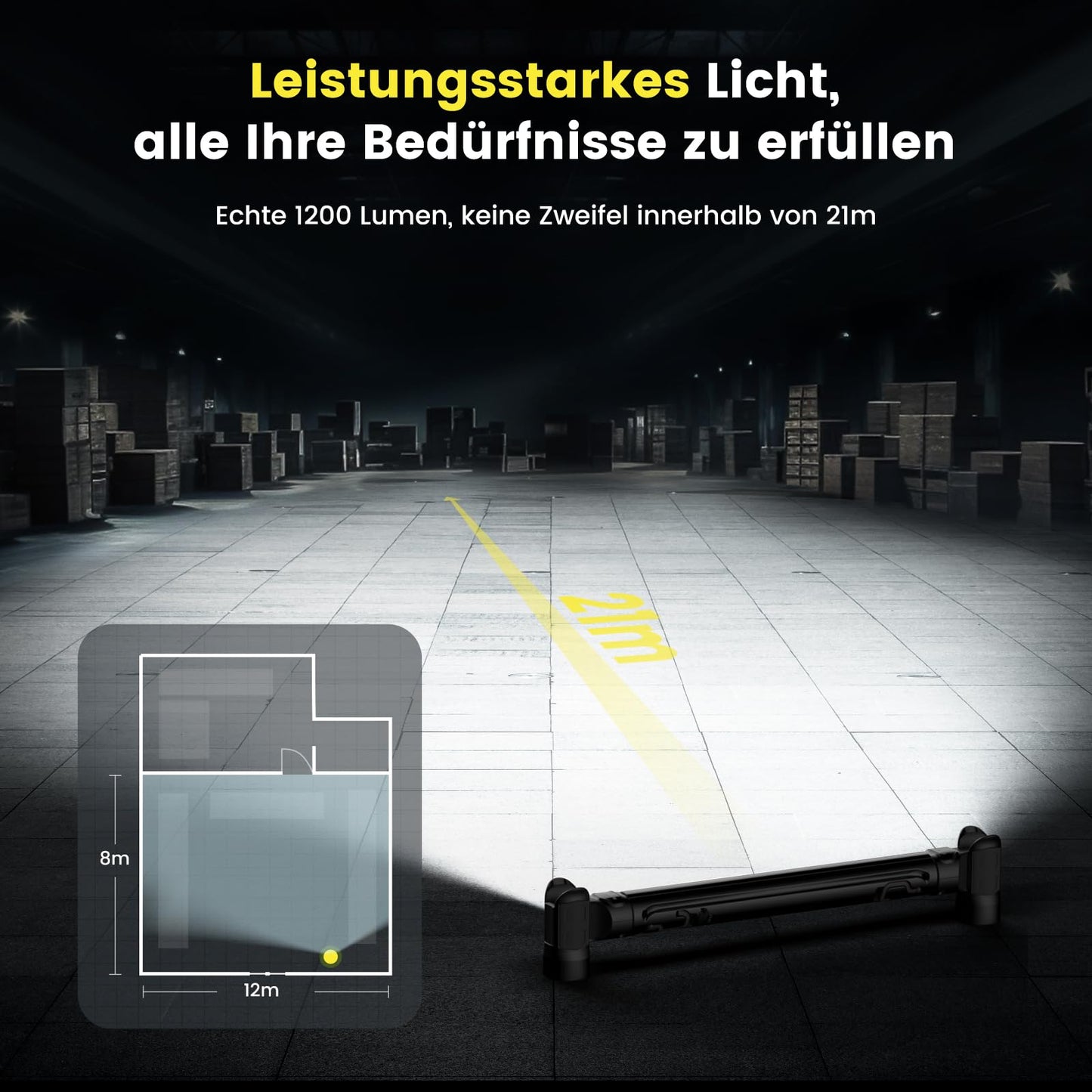 ETOOLAB LED work light, LED workshop lamp, 5200 mAh, Genuine 1200lm, engine bay light with magnets, construction spotlight, 360° hook, presence sensor, black, for camping, construction site, garage