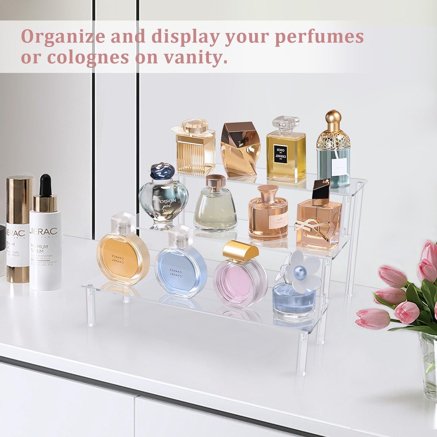 Acrylic riser display shelf stand for Amiibo Funko Pops figures, tabletop clear acrylic organizer for nail polish spices cosmetics art crafts jewelry stand cupcake buffets dessert model 3 pack