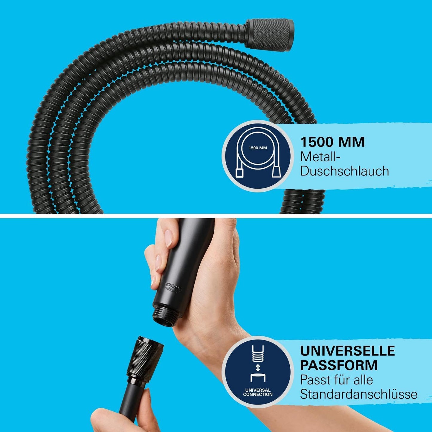 GROHE Vitalioflex - Metal shower hose (1500 mm, reinforced design, kink-resistant, heat-resistant), matte black, 27502KS1