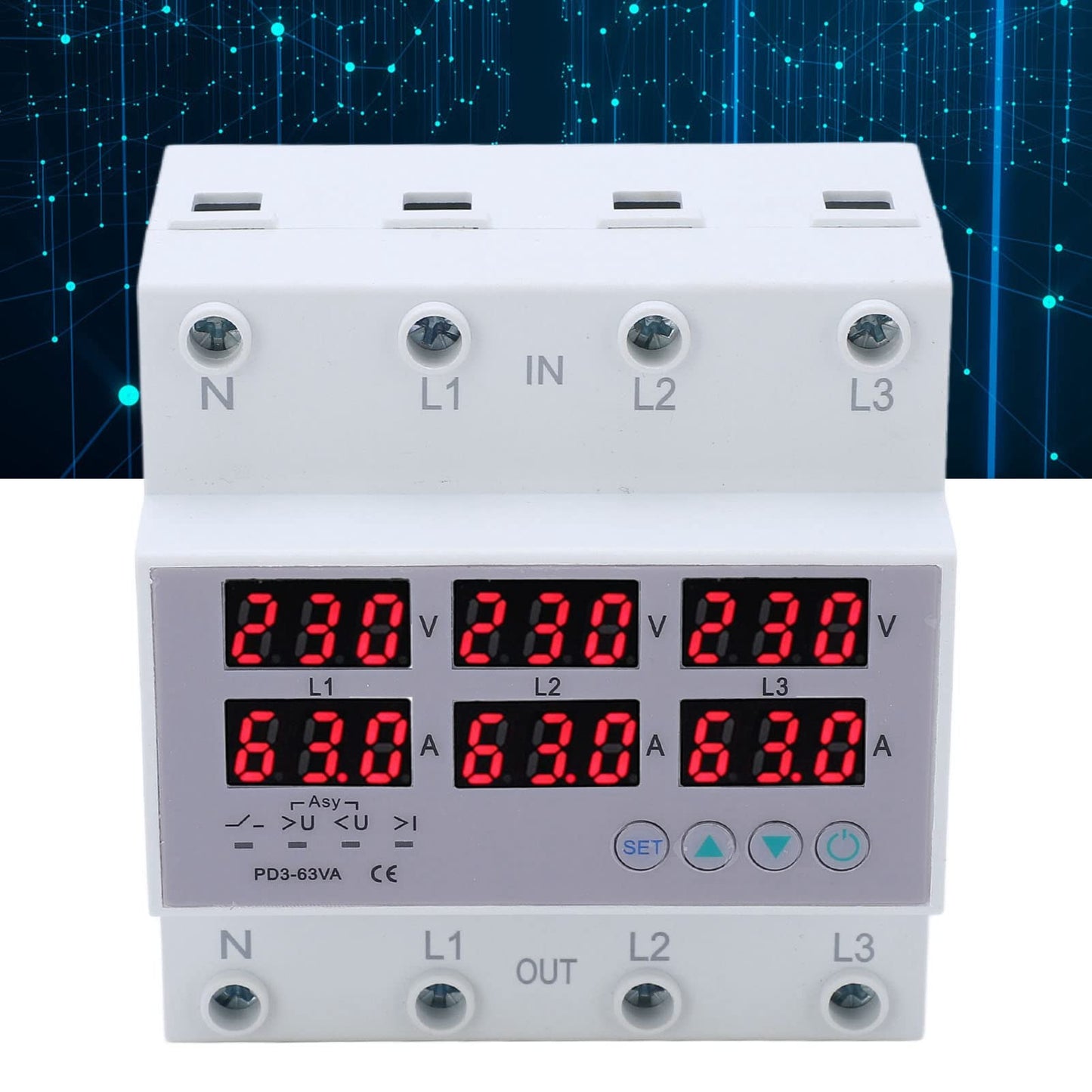 3-phase DIN rail voltmeter power meter, AC 390-500V digital ammeter automatic overvoltage overcurrent protection, 3-phase watt-kWh-ampere electricity tester (40A)