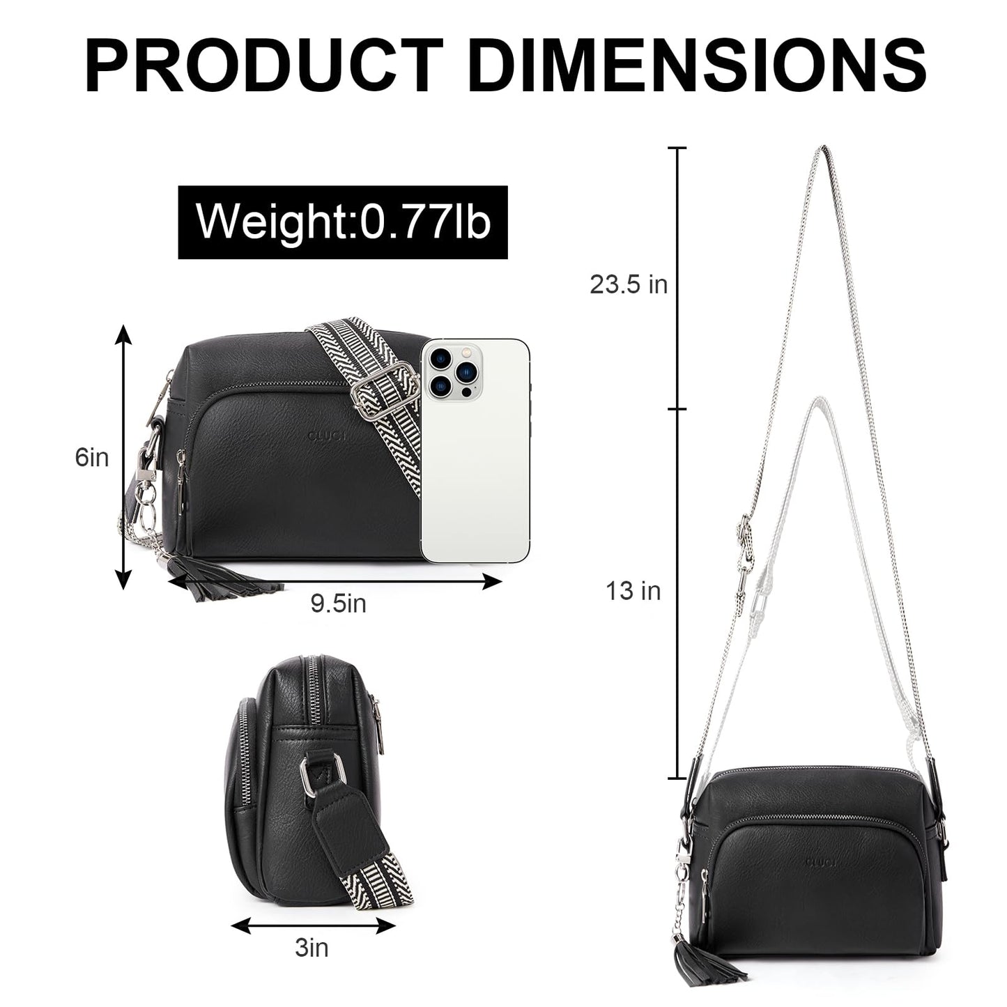 CLUCI Women's Crossbody Bag with Wide Strap, PU Leather Shoulder Bag with Fringe, Adjustable Shoulder Strap, Small Handbag in Black