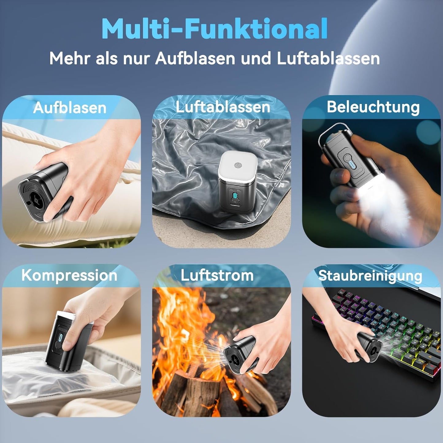 Portable pump, 5 multi-function nozzles for quick manual inflation of air mattresses, swim rings, pools, and inflatable toys - ideal for camping & outdoor use.