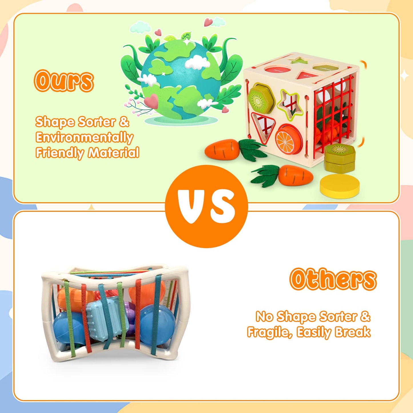 Joyreal 5 In 1 Montessori Toy for 1 2 3 Year Old - Wooden Toy for 1 2 Year Old, Baby Toy, Children's Toy for Girls Boys Sorting Game Carrot Harvest Gifts for Kids