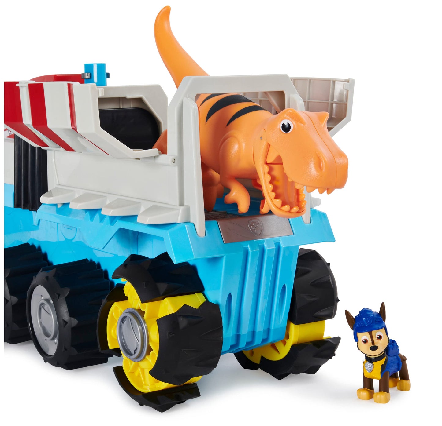 PAW PATROL Dino Rescue Dino Patroller team vehicle with motorized drive, Chase figure and large dinosaur, for ages 3 and up, battery-operated, with sound effects and room for basic vehicles.