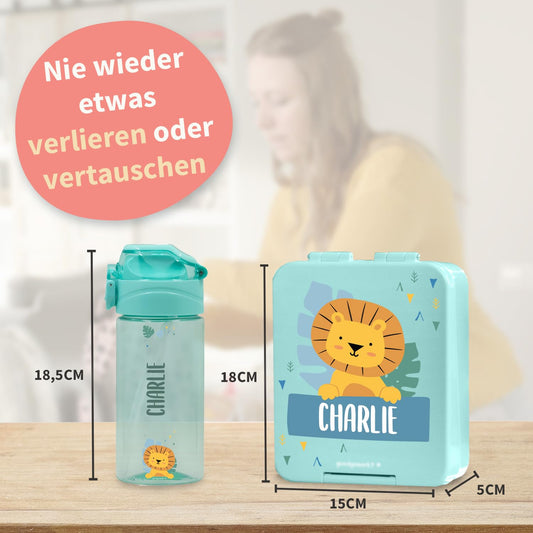 Well-marked - Set with personalized water bottle for kids & personalized plastic lunch box for kids - water bottle with straw and 450ml - 100% BPA-free (Petrol)