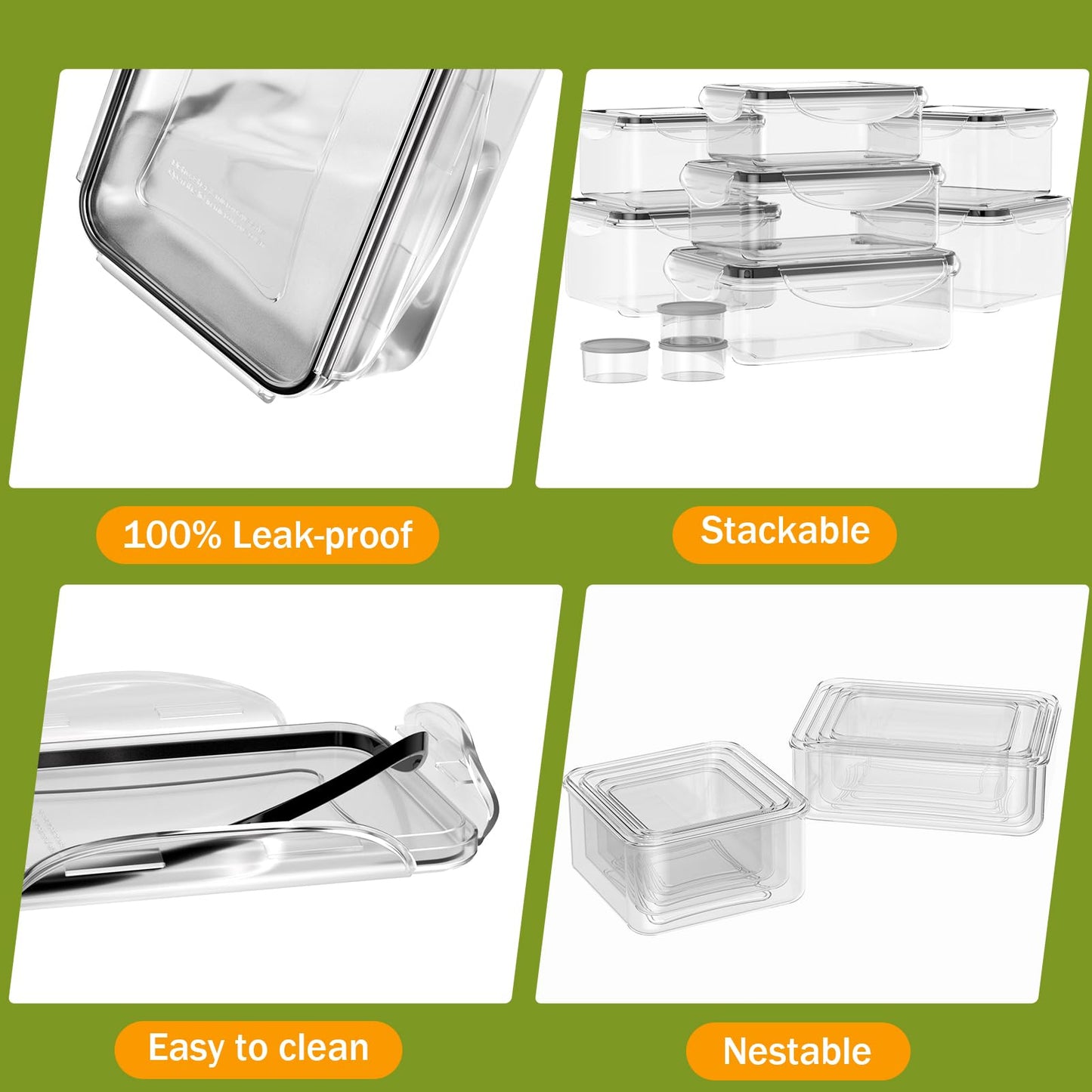 JSCORES 40-piece food storage containers set includes 20 containers and 20 lids. Leak-proof and BPA-free, perfect for kitchen food storage.