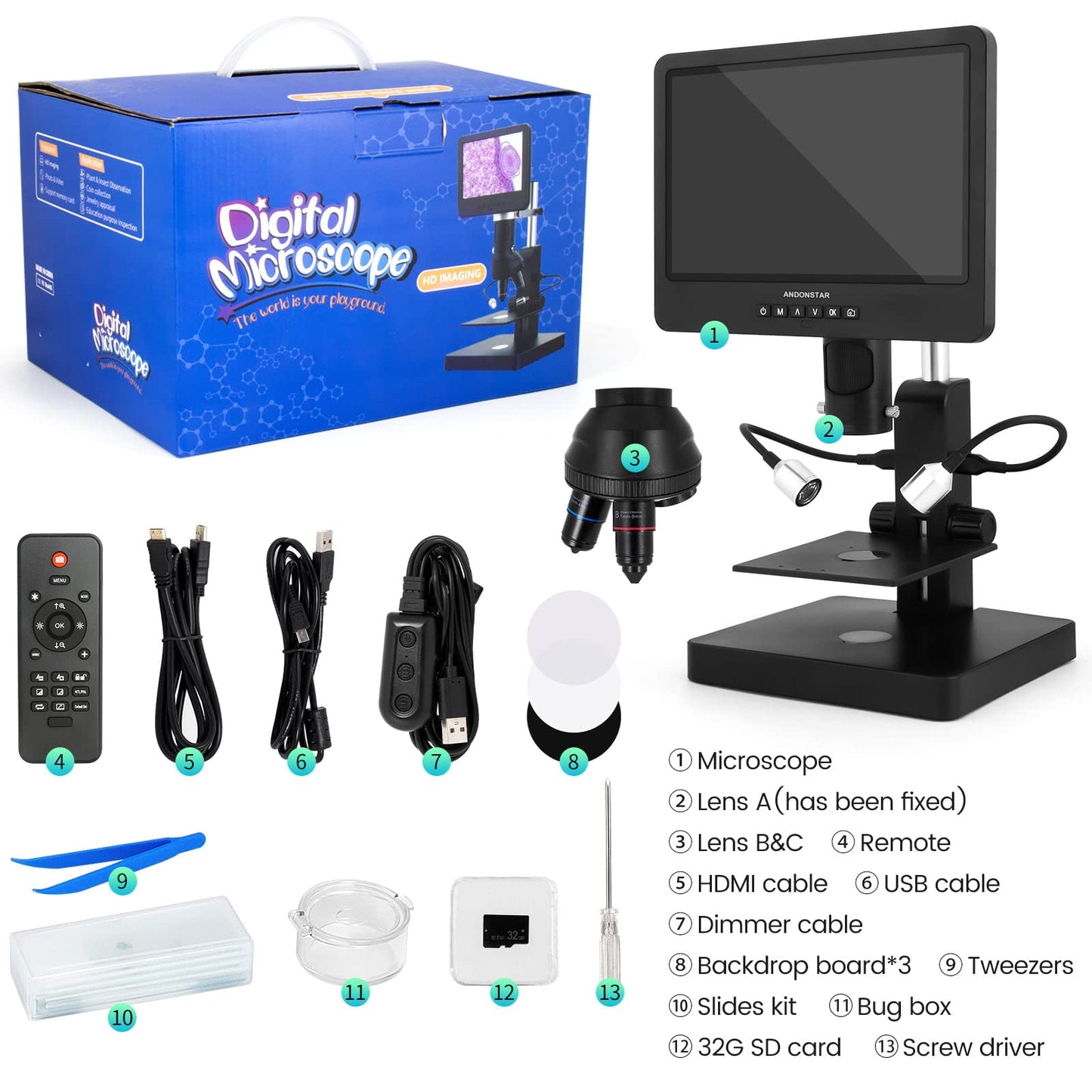 Andonstar AD249S-P 10.1 inch HDMI Digital Microscope, 4000 x 3 lens 2160P UHD video recording, biological microscope kit for adults, coin microscope for error coins