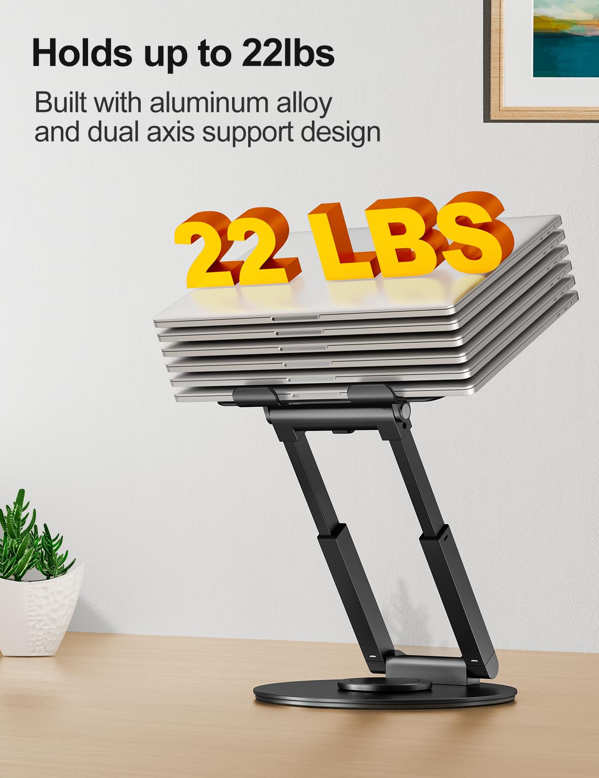 Adjustable height laptop stand with 360° swivel base, ergonomic design, ideal for standing desks. Compatible with MacBook Pro and laptops 10-17 inches. Black color.