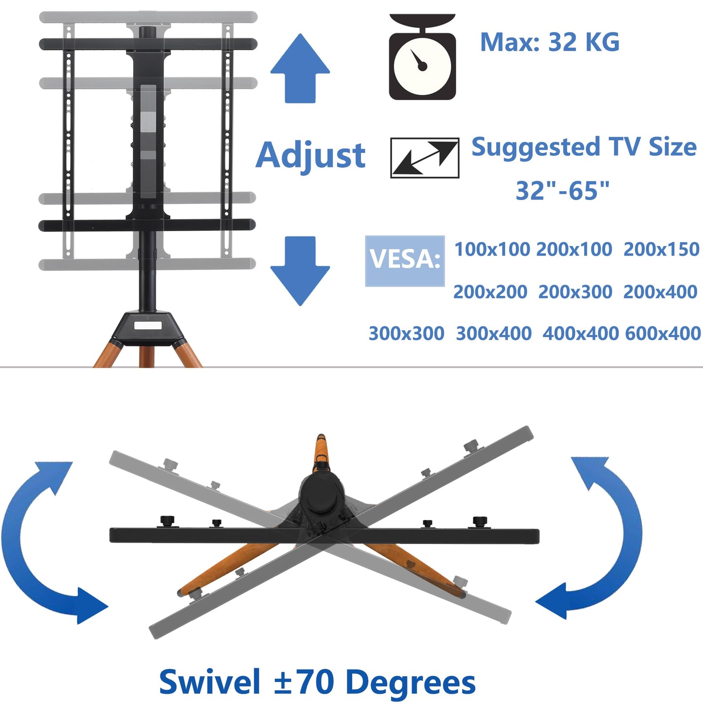 ETHU Tripod TV Stand Wooden TV Easel for 32-65 inch TVs, Height Adjustable TV Floor Stand with Media Shelf for LED/LCD Screens, TV Stand with 140° Swivel Function VESA 600x400mm